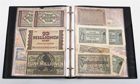 Notgeld / Inflationsgeld - ein Album mit etwa 70 - 80 Banknoten, der Schwerpunkt liegt auf Notgeld der Stadt Düsseldorf,