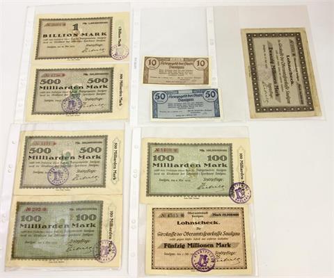 Banknoten - Konvolut Kriegsnotgeld Saulgau, darunter 1 Billion Mark