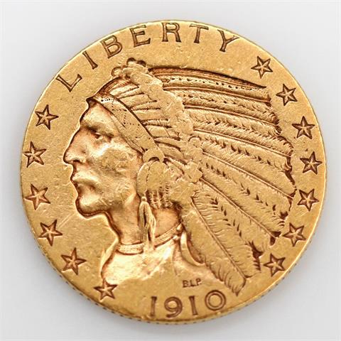 USA/GOLD - 5 Dollars 1910, Indian Head,