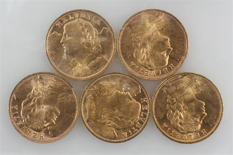 Schweiz/GOLD - Konvolut: 5 x 20 Schweizer Franken Vreneli,