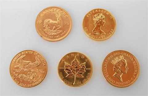 GOLD / Investorenlot - 5 Goldunzen: Kanada 50 Dollars 1986 + 1988, SA Krügerrand 1976,