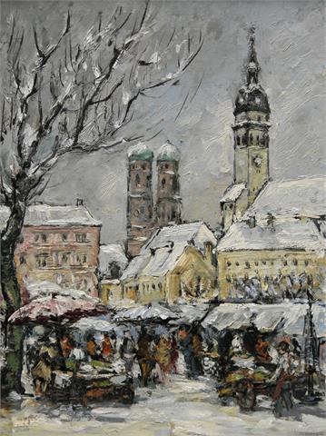 Genremalerei, 20 Jh.: Münchner Viktualienmarkt im Winter.