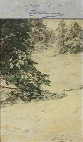 DRATHMANN, CHRISTOFFER (1856-1932): Waldstück mit verschneiten Tannen, 1904.