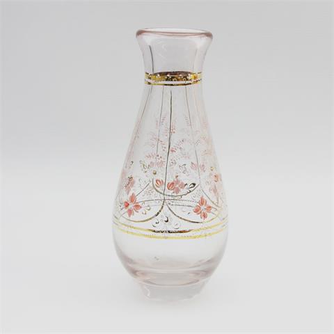 Vase, rosa Glas mit Emailmalerei und Goldstaffage, 20. Jh.