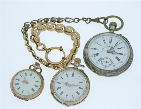 Konvolut: 3 Taschenuhren, z.T. Silber, Uhrenkette Double, ca. 1870-1900,