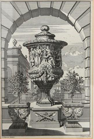 Nach SIMON SCHYNVOET (1653 - 1727), Gartendeckelvase vor Rundbogen, Kupferstich, 20. Jh.