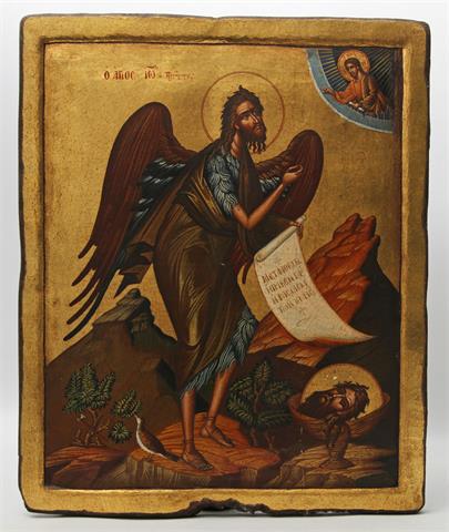 Ikone, Johannes der Täufer als Wüstenengel, Russland 1. H. 20. Jh., Holz/Tempera.