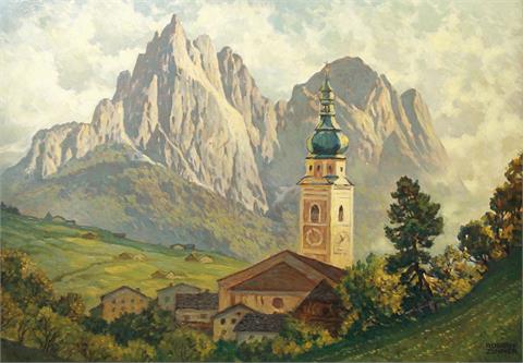 ZINNER, ROBERT (1904 - 1988): Blick über die Kastelruhter Pfarrkirche auf die Santnerspitze (Schlern).
