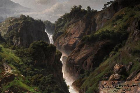LECHNER, FERDINAND (1855-?): Südtiroler Bergpanorama mit Wasserfall (Partschinser Wasserfall?).