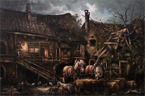 BEHRINGER, JOHANN (1929): Bauernhof mit Pferden.