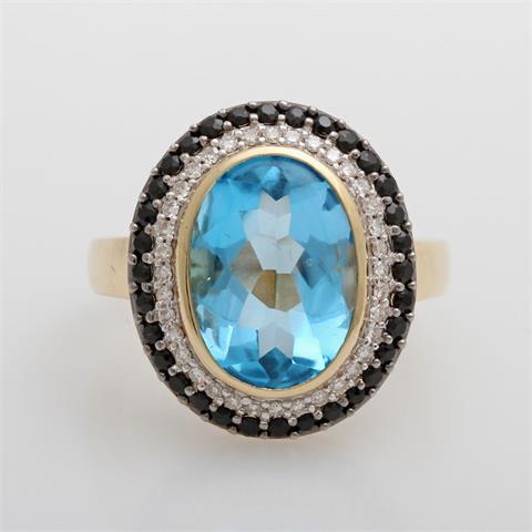 Ring mit einem Blautopas, Diamanten und Saphire, GG 14K.