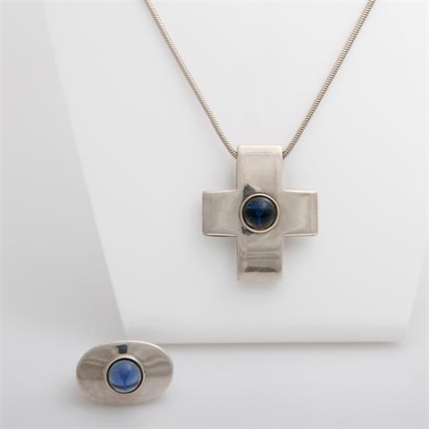 Set: JOOP! Ring mit Kette und Anhänger Silber, blauer Stein.