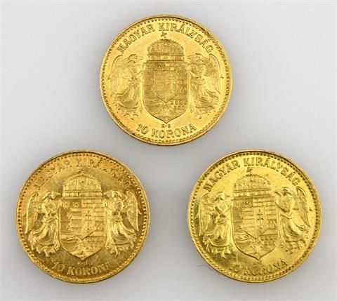 Ungarn / Gold - 3 x 10 Kronen, 1910/2 x 1911, Kremnitz, Franz Josef I., 1848-1916,