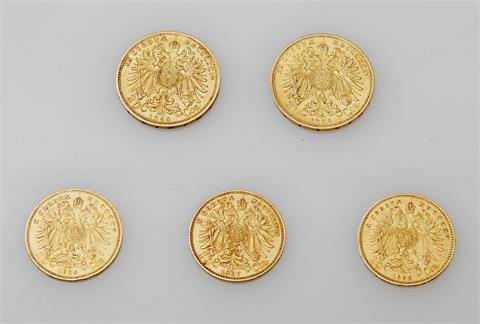 Österreich / Gold - Konvolut: 2 x 20 Kronen 1894 + 3 x 10 Kronen, 1897/2 x 1905, Franz Josef I., 1848-1917,