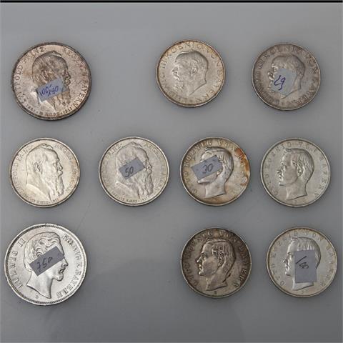 Bayern - Konvolut von 10 Münzen: 5 RM 1876 D, Ludwig II. + 2 x 3 RM 1914 D + 3 x 3 RM 1910 D, Otto + 1 x 3 RM 1912 D, Otto + 2
