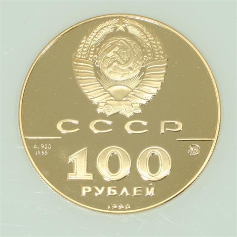Russland / Gold - 100 Rubel 1990, Moskau, Reiterdenkmal Peters des Großen in St. Petersburg,