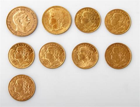 Schweiz / Gold - Konvolut: 7 x 10 Franken 1911 B - 1922 B, Vreneli, dazu: 20 Franken 1886, Vreneli +