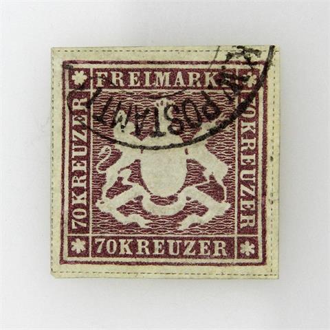 Württemberg - 1873, 70 Kreuzer braunlila, gestempelt, KW: 7.000 Euro,