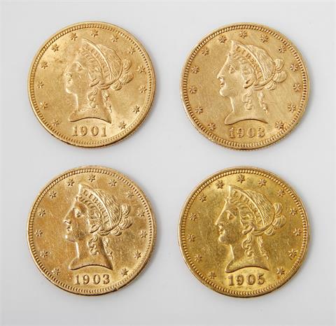 USA / Gold - 4 x 10 Dollars, 1901 / 2x 1903 / 1905, Philadelphia, Liberty Head,