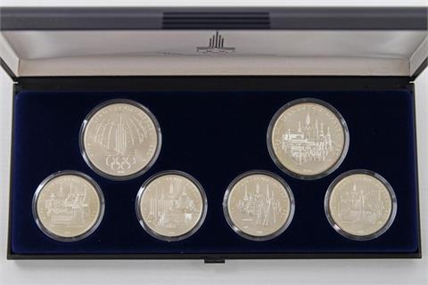 Russland / Silber - 40 Rubel Set Moskau 1980, 2 x 10 Rubel 1977 + 4 x 5 Rubel 1977, Olympische Spiele,