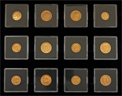 Sachsen / Gold - 6 x 20 Mark, 5 x 10 Mark und 1 x 5 Mark 1877 E, 1872-1910, Johann (1854-1873), Albert (1873-1902), Georg