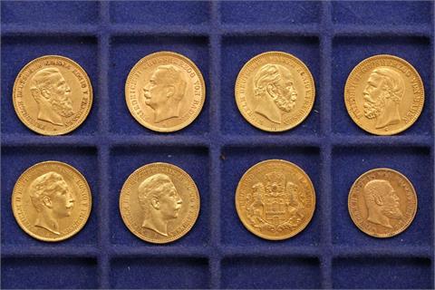 Kaiserreich / Gold - Konvolut aus 7 x 20 Mark und 1 x 10 Mark, 1876-1914, teils NP, Preussen, Württemberg, Hamburg, Baden,