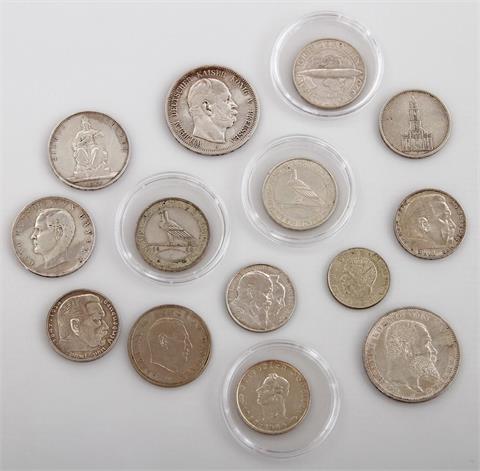 Kaiserreich / Weimarer Republik - Konvolut von 14 Münzen, darunter auch 5 RM 1934 F, Schiller, 2 x 3 RM 1930, A und F,