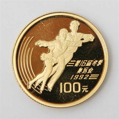 China / Gold - 100 Yuan 1991, Olympische Winterspiele 1992 Albertville - Eiskunstlauf,