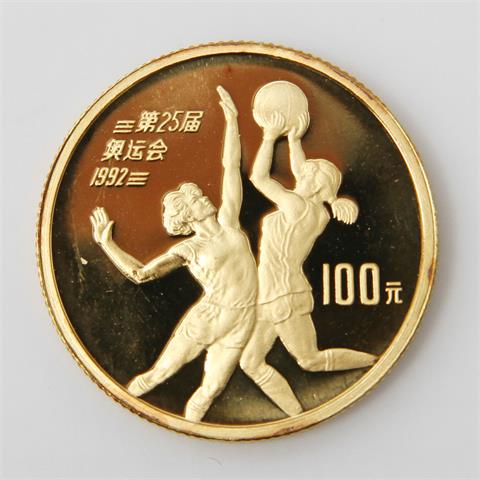 China / Gold - 100 Yuan 1990, Olympische Spiele 1992 Barcelona - Basketball,