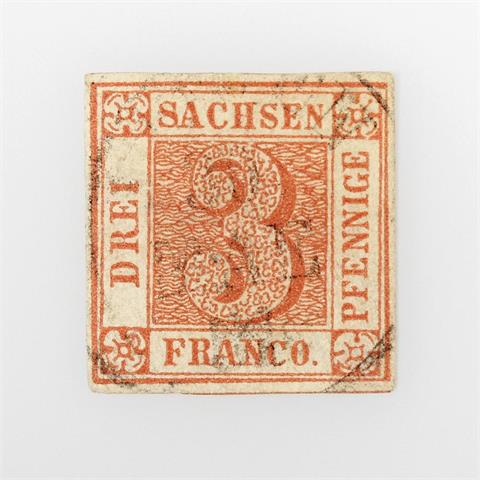 Briefmarken - Sachsen Dreier mit zartem Ortsstempel 30. MAE 51. Expertise Georg Bühler. Allseits gut gerandet. Rückseitig
