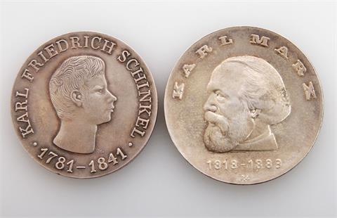 DDR - 10 Mark 1966 (A), Karl Friedrich Schinkel + 20 Mark 1968 (A), Karl Marx,