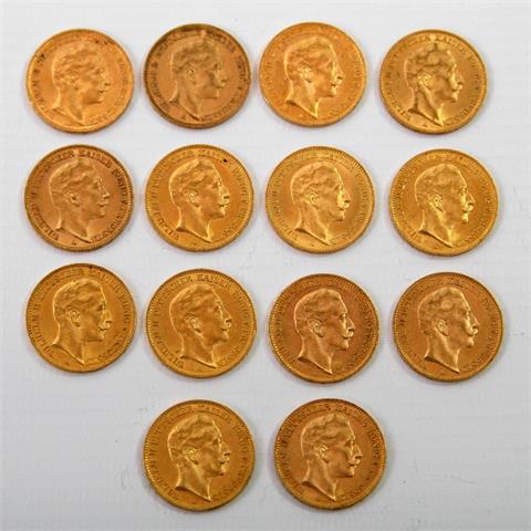 Preussen / Gold - 14 x 20 Mark, 1901-1913 A, nicht alle Jahrgänge enthalten, Wilhelm II., 1888-1918,