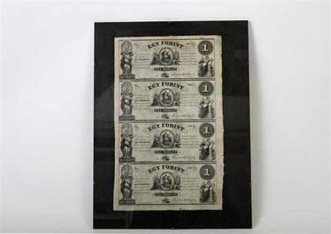 Ungarn / USA - Banknotenbogen mit 4 Scheinen zu 1 Forint, Philadelphia 1852, E/F/G/H, Lajos Kossuth,