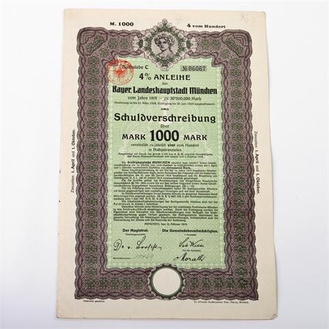 München / Stadtanleihe - 4 % Anleihe der Bayer. Landeshauptstadt München über 1000 Mark, München 10.02.1919, C 06067,