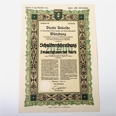 Würzburg / Stadtanleihe - Vierte 10 %ige-Anleihe - Schuldverschreibung über 20.000 Mark, B 10373, Würzburg April 1923,