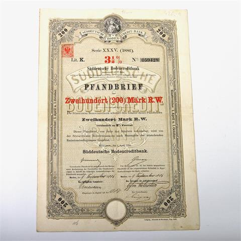Süddeutsche Bodencreditbank - Pfandbrief über 200 Mark - 3 1/2 % - XXXV. Serie, K 059428, München 1886, roter Stempel der