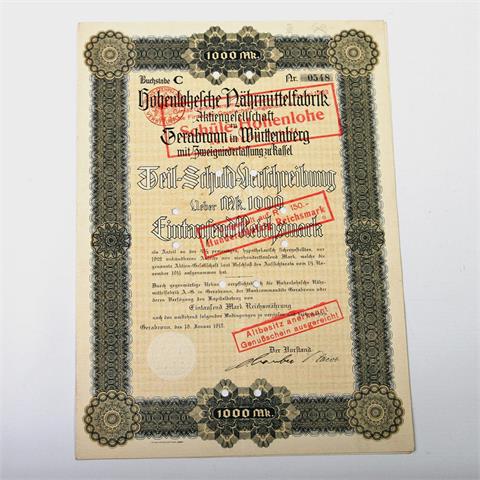 Hohenlohesche Nährmittelfabrik - Teilschuldverschreibung über 1000 Mark (umgestellt auf 160 Reichsmark), Gerabronn 19.10.1912,