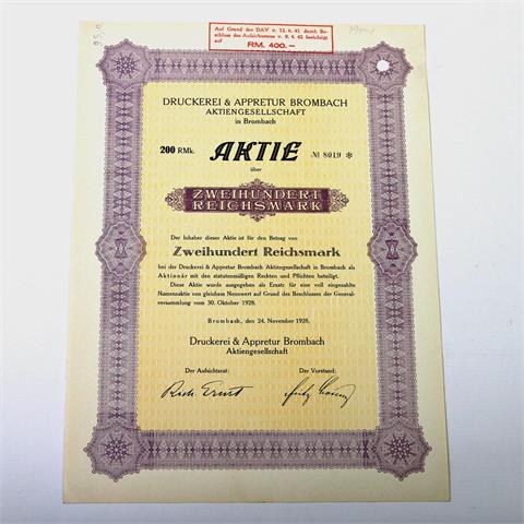 Druckerei & Appretur Brombach Aktiengesellschaft - Aktie über 200 Mark (1942 berichtigt auf 400 Mark), Brombach 24.11.1928,