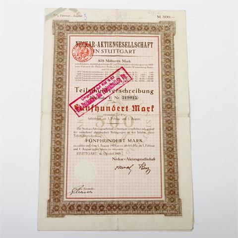 Neckar-Aktiengesellschaft - Teilschuldverschreibung über 500 Mark (umgestellt auf 3,62 Mark), Stuttgart 10.1921, E 219015,