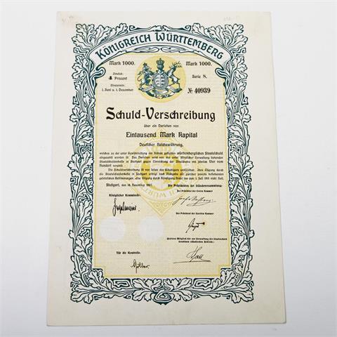 Königreich Württemberg / Staatsanleihe - 4 % Anleihe - Schuldverschreibung über 1000 Mark, 8. Serie, Stuttgart 16.12 1907,