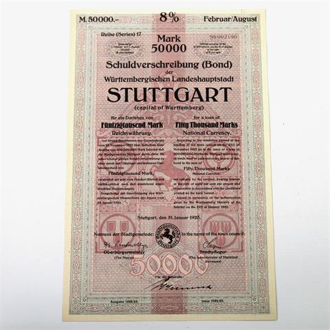 Stuttgart / Stadtanleihe - 8 % Anleihe - Schuldverschreibung über 50,000 Mark, 17. Serie, Stuttgart 31.01.1923, 002190,