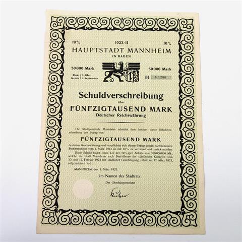Mannheim / Stadtanleihe - 10 % Anleihe - Schuldverschreibung über 50.000 Mark, Mannheim 01.03.1923, H 1296,