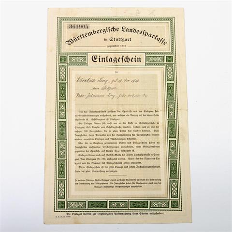 Württembergische Landessparkasse - Einlageschein, handschriftliche Eintragungen des Namens und der Einlagen 1923,