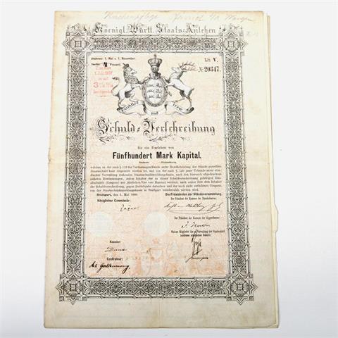 Königreich Württemberg / Staatsanleihe - 4 % Anleihe (1897 herabgesetzt auf 3 1/2%) - Schuldverschreibung über 500 Mark,