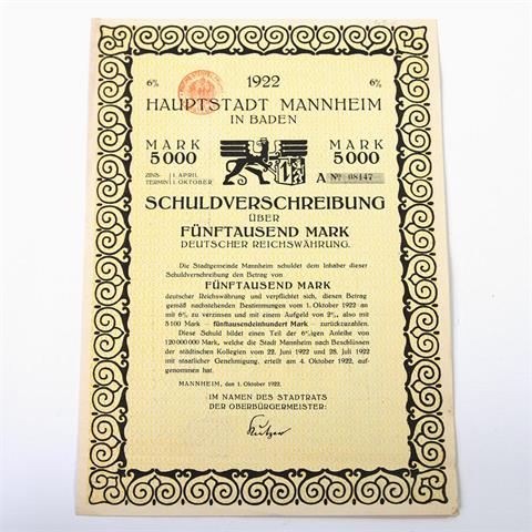 Mannheim / Stadtanleihe - 6 % Anleihe - Schuldverschreibung über 5000 Mark, Mannheim 01.10.1922, A 08147,