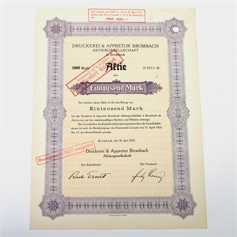 Druckerei & Appretur Brombach Aktiengesellschaft - Aktie über 1000 Mark (umgestellt auf 200 Mark, 1942 berichtigt auf 400