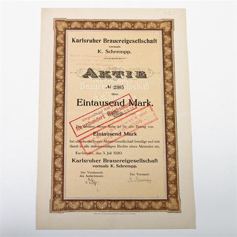 Karlsruher Brauereigesellschaft vormals K. Schrempp - Aktie über 1000 Mark (1925 umgestellt auf 900 Mark, 1941 berichtigt auf