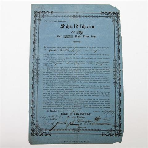 Casino-Gesellschaft St. Wendel - Schuldschein über 10 Taler, St. Wendel 1.6.1859, Nr. 294, handschriftlich ausgefüllt und