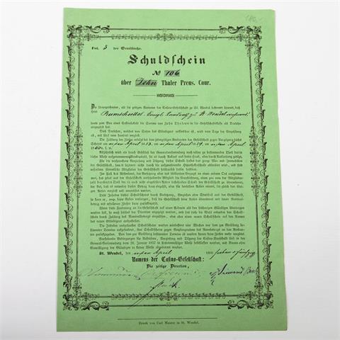 Casino-Gesellschaft St. Wendel - Schuldschein über 10 Taler, St. Wendel 1.4.1857, Nr. 106, handschriftlich ausgefüllt und