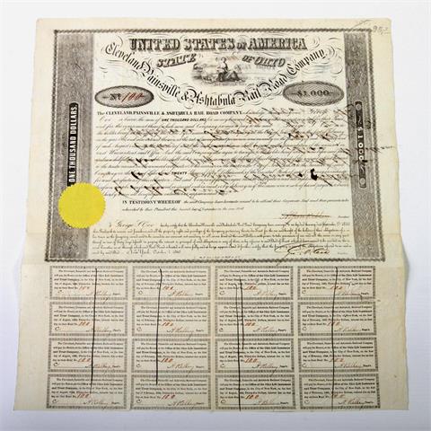 Cleveland Painsville & Ashtabula Railroad Company - Aktie über 1000 Dollar / 20 Shares, New York 1.10.1850, Nr. 100, 1853